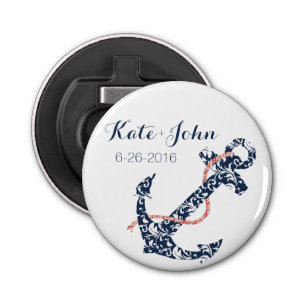 Navy and Coral Anchor Beach Wedding Bottle Opener