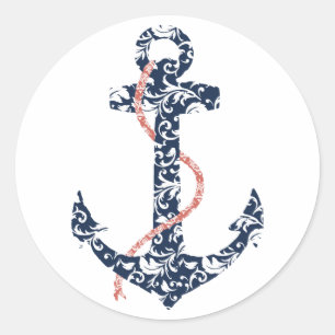 Navy and Coral Anchor Beach Wedding Classic Round Sticker