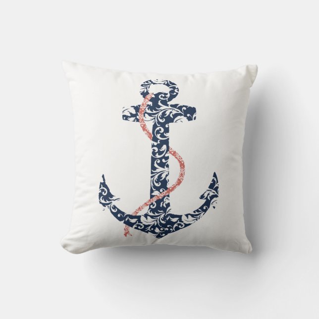 Navy and Coral Anchor Beach Wedding Cushion (Front)