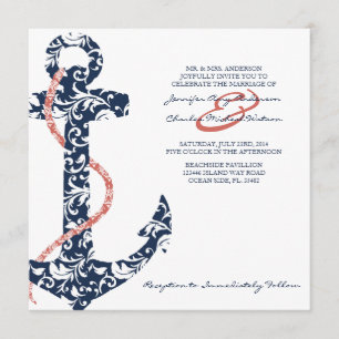 Navy and Coral Anchor Beach Wedding Invitation