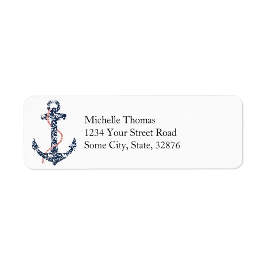 Navy and Coral Anchor Beach Wedding Return Address Label