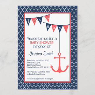 Navy and Coral Baby Shower Invitation Nautical