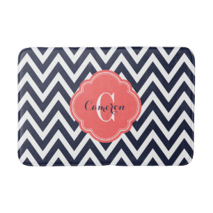 Navy and Coral Chevron Monogram Bath Mat