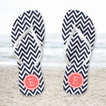 Navy and Coral Chevron Monogram Flip Flops<br><div class="desc">Custom printed flip flop sandals with a stylish modern chevron pattern and your custom monogram or other text in a circle frame. Click Customise It to change text fonts and colours or add your own images to create a unique one of a kind design!</div>