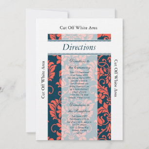 Navy and Coral Damask Wedding Directions Card