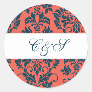 Navy and Coral Damask Wedding Favour Stickers