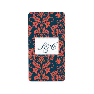 Navy and Coral Damask Wedding Hershey's Miniature Label