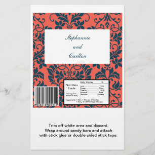 Navy and Coral Damask Wedding Large Candy Bar Wrap