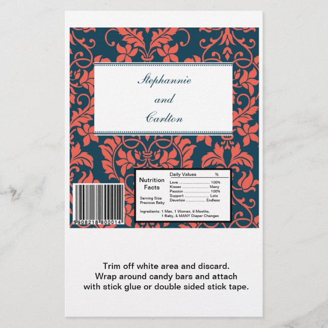 Navy and Coral Damask Wedding Large Candy Bar Wrap Flyer (Front)