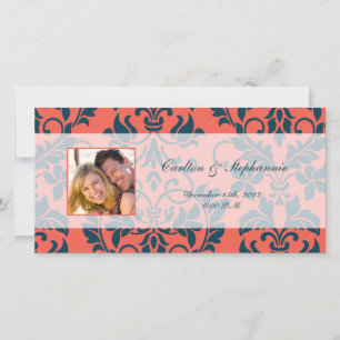 Navy and Coral Damask Wedding Photo Announcement