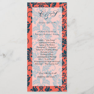 Navy and Coral Damask Wedding Programs Programme
