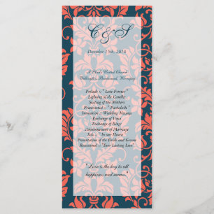 Navy and Coral Damask Wedding Programs Programme