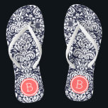 Navy and Coral Floral Damask Monogram Flip Flops<br><div class="desc">Custom printed flip flop sandals with a stylish elegant floral damask pattern and your custom monogram or other text in a circle frame. Click Customise It to change text fonts and colours or add your own images to create a unique one of a kind design!</div>