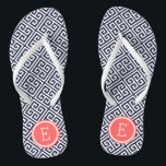 Navy and Coral Greek Key Monogram Flip Flops<br><div class="desc">Custom printed flip flop sandals with a stylish modern Greek key pattern and your custom monogram or other text in a circle frame. Click Customise It to change text fonts and colours or add your own images to create a unique one of a kind design!</div>