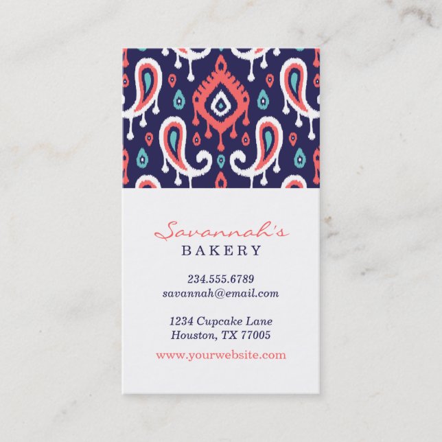 Navy and Coral Ikat Paisley Business Cards (Front)