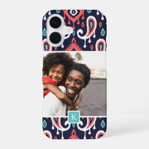 Navy and Coral Ikat Paisley Custom Photo Monogram iPhone 16 Case