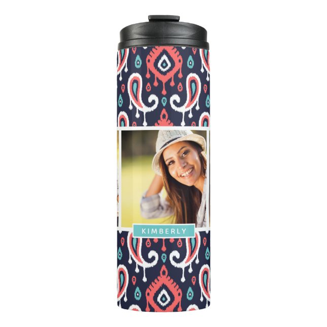 Navy and Coral Ikat Paisley Custom Photo Monogram Thermal Tumbler (Front)