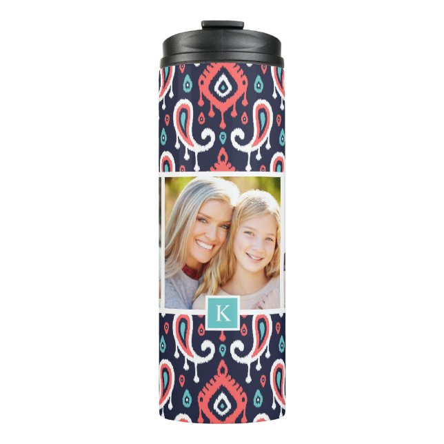 Navy and Coral Ikat Paisley Custom Photo Monogram Thermal Tumbler (Front)