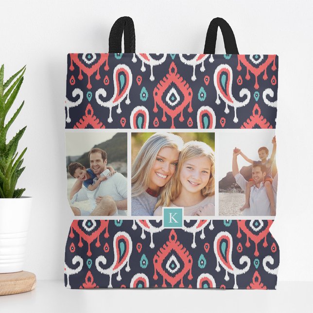 Navy and Coral Ikat Paisley Family Photo Monogram Tote Bag (Creator Uploaded)