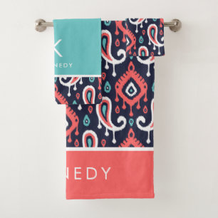 Navy and Coral Ikat Paisley Monogram Bath Towel Set