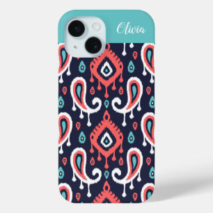 Navy and Coral Ikat Paisley Monogram iPhone 15 Case
