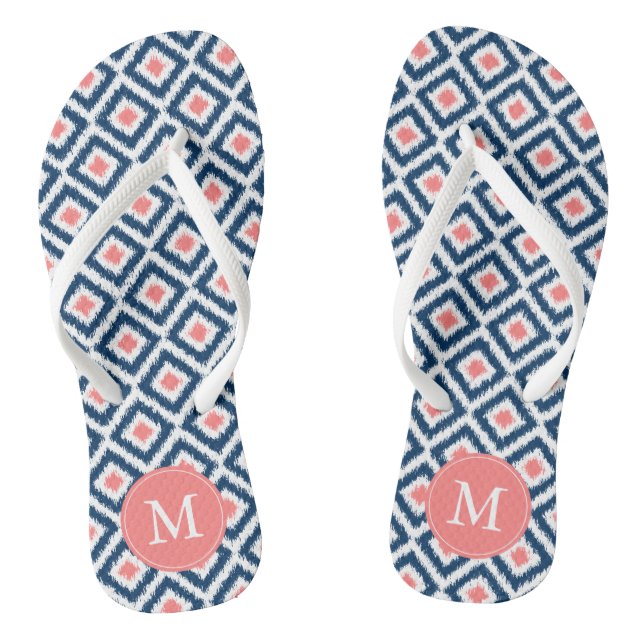 Navy and Coral Ikat Pattern Flip Flops (Footbed)