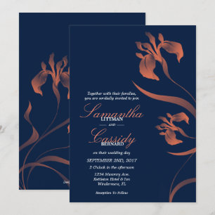 Navy and Coral Iris Floral Wedding Invitation