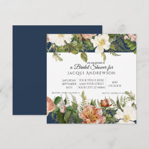 Navy and Coral Ivory Roses Floral Bridal Shower Invitation