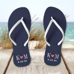 Navy and Coral Modern Wedding Monogram Flip Flops<br><div class="desc">Custom printed flip flop sandals personalised with a cute heart and your monogram initials and wedding date. Click Customise It to change text fonts and colours or add your own images to create a unique one of a kind design!</div>