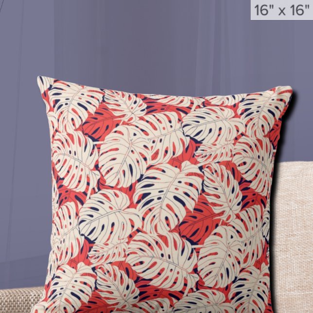 Navy and Coral Monstera Leaf Tropical Throw Pillow (Creator Uploaded)