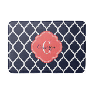 Navy and Coral Moroccan Quatrefoil Monogram Bath Mat