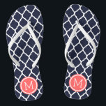 Navy and Coral Moroccan Quatrefoil Monogram Flip Flops<br><div class="desc">Custom printed flip flop sandals with a stylish Moroccan quatrefoil pattern and your custom monogram or other text in a circle frame. Click Customise It to change text fonts and colours or add your own images to create a unique one of a kind design!</div>