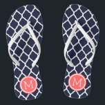 Navy and Coral Moroccan Quatrefoil Monogram Flip Flops<br><div class="desc">Custom printed flip flop sandals with a stylish Moroccan quatrefoil pattern and your custom monogram or other text in a circle frame. Click Customise It to change text fonts and colours or add your own images to create a unique one of a kind design!</div>