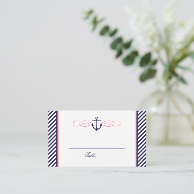 Navy and Coral Nautical Anchor Wedding Escort Card (Standing Front)