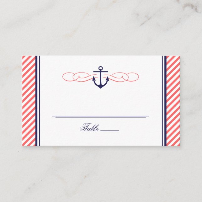 Navy and Coral Nautical Anchor Wedding Escort Card (Front)