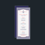 Navy and Coral Nautical Anchor Wedding Menu Card<br><div class="desc">Preppy modern wedding dinner menu card design with a nautical anchor graphic and elegant calligraphy scroll flourishes on a trendy diagonal stripe pattern background. Click the CUSTOMIZE IT button to customise fonts,  move text around and create your own unique one-of-a-kind invitation design.</div>
