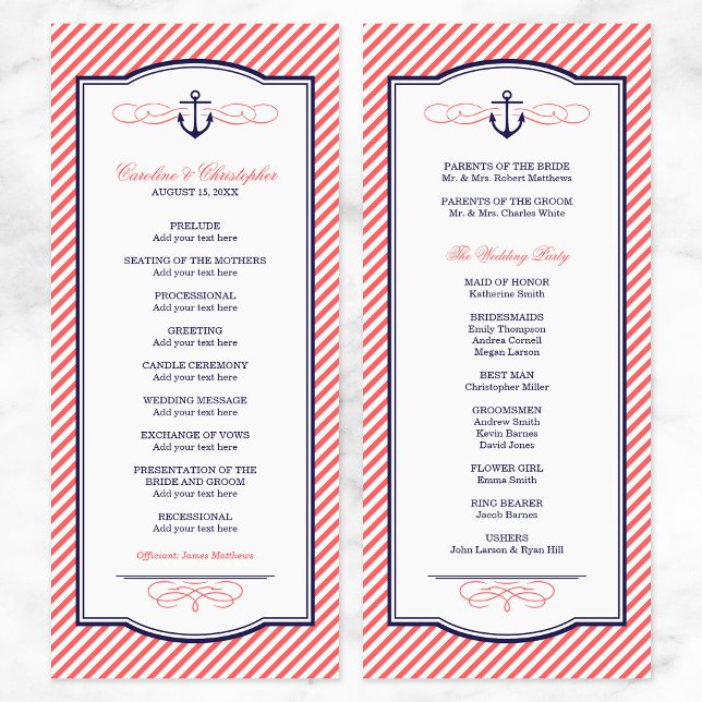 Navy and Coral Nautical Anchor Wedding Program Programme (Creator Uploaded)