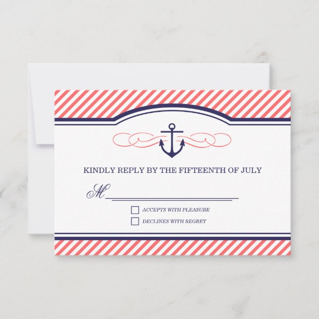 Navy and Coral Nautical Anchor Wedding RSVP Card (Front)