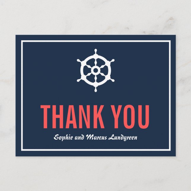 Navy and Coral Nautical Helm Thank You Postcard (Front)
