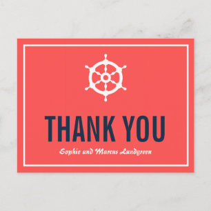 Navy and Coral Nautical Wedding Thank You Postcard