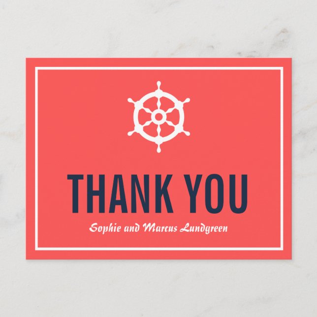 Navy and Coral Nautical Wedding Thank You Postcard (Front)