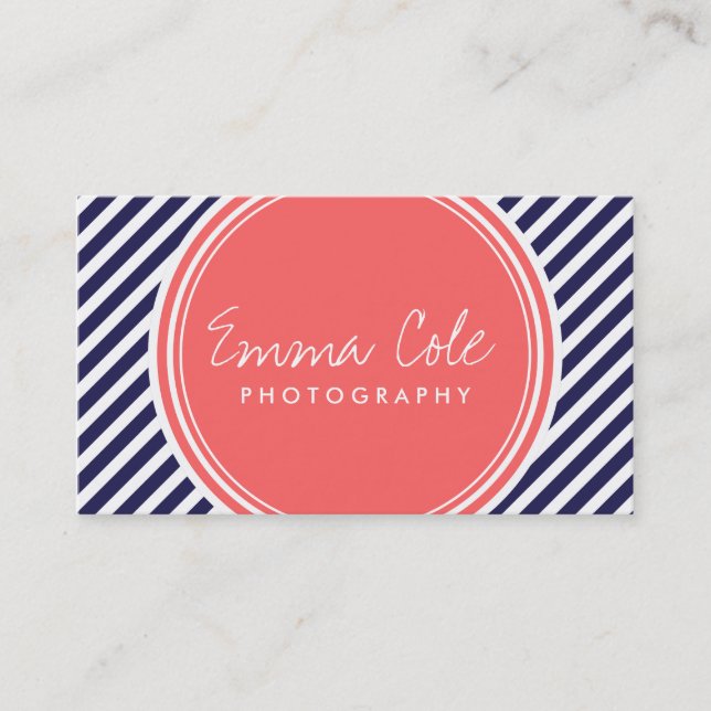 Navy and Coral Preppy Stripes Business Card (Front)