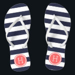 Navy and Coral Preppy Stripes Monogram Flip Flops<br><div class="desc">Custom printed flip flop sandals with a preppy nautical stripe pattern and your custom monogram or other text in a circle frame. Click Customise It to change text fonts and colours or add your own images to create a unique one of a kind design!</div>