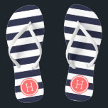 Navy and Coral Preppy Stripes Monogram Flip Flops<br><div class="desc">Custom printed flip flop sandals with a preppy nautical stripe pattern and your custom monogram or other text in a circle frame. Click Customise It to change text fonts and colours or add your own images to create a unique one of a kind design!</div>
