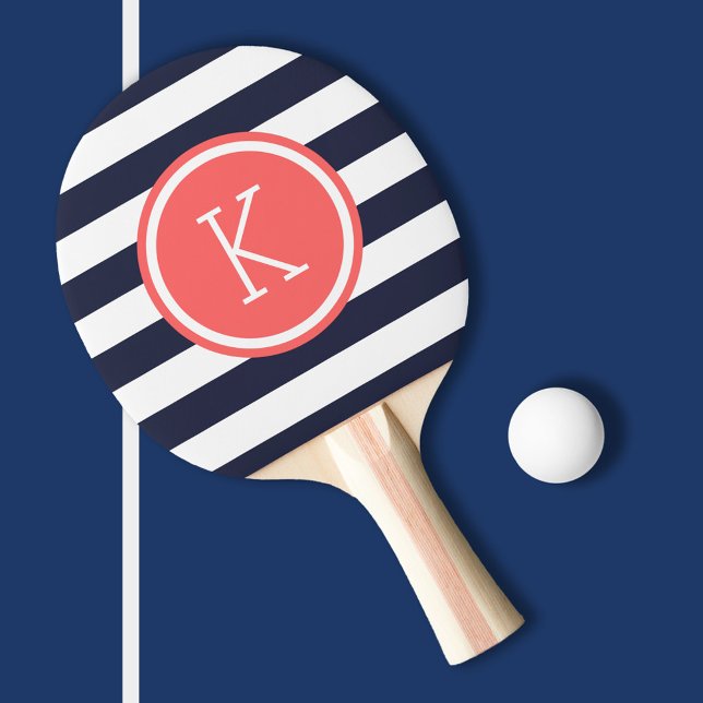 Navy and Coral Preppy Stripes Monogram Ping Pong Paddle (Creator Uploaded)