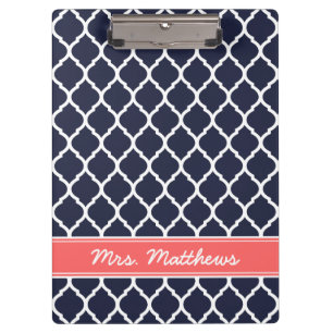 Navy and Coral Quatrefoil Custom Monogram Clipboard
