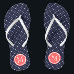 Navy and Coral Tiny Dots Monogram Flip Flops<br><div class="desc">Custom printed flip flop sandals with a cute girly polka dot pattern and your custom monogram or other text in a circle frame. Click Customise It to change text fonts and colours or add your own images to create a unique one of a kind design!</div>