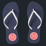 Navy and Coral Tiny Dots Monogram Flip Flops<br><div class="desc">Custom printed flip flop sandals with a cute girly polka dot pattern and your custom monogram or other text in a circle frame. Click Customise It to change text fonts and colours or add your own images to create a unique one of a kind design!</div>