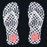Navy and Coral Trellis Monogram Flip Flops<br><div class="desc">Custom printed flip flop sandals with a stylish modern trellis pattern and your custom monogram or other text in a circle frame. Click Customise It to change text fonts and colours or add your own images to create a unique one of a kind design!</div>