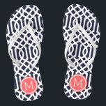 Navy and Coral Trellis Monogram Flip Flops<br><div class="desc">Custom printed flip flop sandals with a stylish modern trellis pattern and your custom monogram or other text in a circle frame. Click Customise It to change text fonts and colours or add your own images to create a unique one of a kind design!</div>